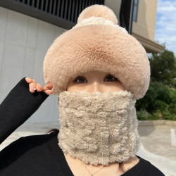秋冬帽子女保暖防风帽围脖口罩一体护耳帽包头帽女毛绒风雪骑行帽