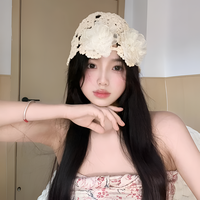 女款花朵白色镂空网红针织包头帽夏季蕾丝气质百搭复古编织帽子