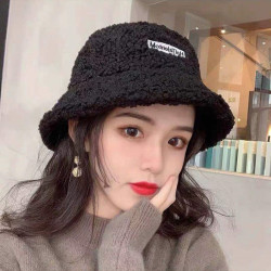 帽子加绒渔夫帽网红针织时尚百搭黑色毛绒保暖盆帽女士加厚ins