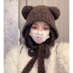 可爱小熊毛线帽子女秋冬保暖护耳帽时尚百搭包头针织帽