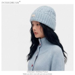 INTHEDREAM 复古麻花纹针织帽女秋冬保暖毛线帽百搭翻边帽
