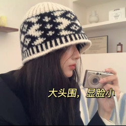 复古菱形格针织冷帽女秋冬季韩版显脸小大头围毛线帽保暖防寒帽子