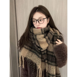 秋冬新款撞色时尚百搭格纹围巾女生美拉德风披肩拼色格子流苏围脖