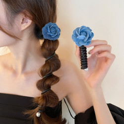 夏天牛仔蓝花朵电话线发圈网红2024新款皮筋扎头发女高级感头饰