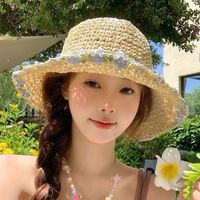薄荷曼波花朵渔夫帽夏季海边沙滩度假遮阳帽檐草帽可折叠防晒帽子