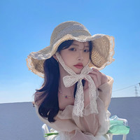 草帽新款韩版夏季帽子草编帽女款洋气遮阳防晒沙滩太阳帽蕾丝边帽