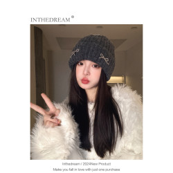 INTHEDREAM 韩国博主同款蝴蝶结针织毛线帽秋冬ins大头围百搭时尚护耳冷帽女