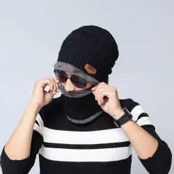 秋冬加绒男款冷帽两件套帽子秋冬季加厚保暖帽防寒冬天围脖+帽子