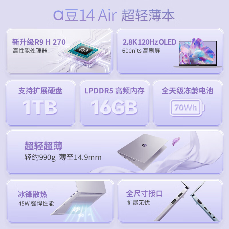 华硕 a豆14 Air R9 270 16GB+1TB 风信子蓝 笔记本电脑