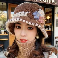 手工编织花朵灰色针织包头帽女秋冬大头围保暖显脸小冷帽毛线帽子