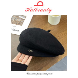 Hatbeauty-白色羊毛呢贝雷帽秋冬季复古大头围八角帽女高端画家帽