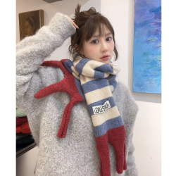 海军学院风条纹针织围巾女冬季新款大流苏保暖百搭围脖韩版撞色
