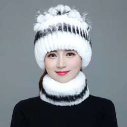 獭兔毛套头帽子皮草围脖韩版冬保暖毛线围脖妈妈中老年人加厚女