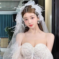 1060新娘饰品新款手工羽毛头纱婚纱白色礼服 结婚韩式1.5米长约