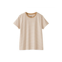 無印良品 MUJI 女式 天竺织 圆领短袖T恤 上衣打底衫女款25年夏季女装BB2SBA5S 暗黄色条纹 S (155/80A)