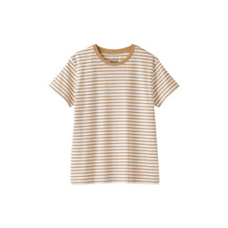 無印良品 MUJI 女式 天竺织 圆领短袖T恤 上衣打底衫女款25年夏季女装BB2SBA5S 暗黄色条纹 S (155/80A)