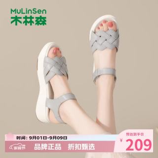 木林森 女鞋魔术贴凉鞋 夏季轻便一字带凉鞋通勤百搭优雅女士增高凉鞋子