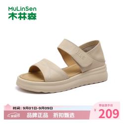 木林森 女鞋牛皮革凉鞋 夏季一字带凉鞋通勤百搭优雅女士魔术贴凉鞋子