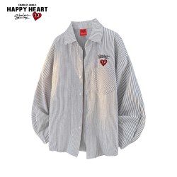 CHARLES JANG'S HAPPY HEART 日系条纹长袖衬衫男女春秋季宽松休闲蓝色情侣衬衣外套