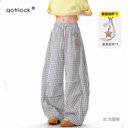 QOTRIOCK 慵懒感格子休闲弯刀裤男女夏季潮ins星星挂饰阔腿裤宽松情侣长裤