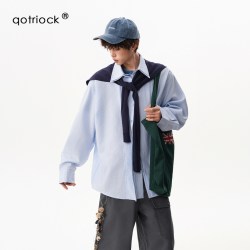 QOTRIOCK 可拆卸披肩蓝条纹长袖衬衫男女春季宽松少年感衬衣情侣开衫外套潮