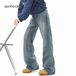 QOTRIOCK 美式复古蓝牛仔裤男女秋季高街cleanfit直筒裤宽松休闲阔腿长裤子