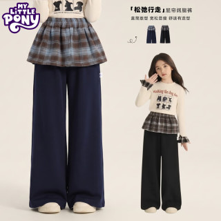 小马宝莉 女童阔腿裤假两件格子裙裤中大童直筒休闲裤 黑色