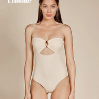 88VIP：Limone 复古抹胸高腰连体泳衣 O19040