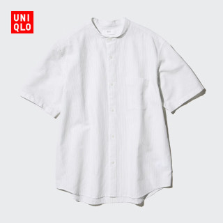 优衣库 棉麻条纹立领衬衫/短袖男装女装衬衣开衫休闲474529 01 乳白色 2XL /185/112C