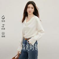 红袖 2026秋季女装缎面压皱蝴蝶结系带正肩长袖荡领套头上衣