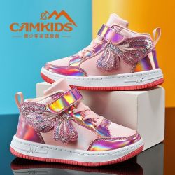 CAMKIDS 女童板鞋新款皮面防水儿童运动鞋防滑耐磨女孩加绒休闲鞋