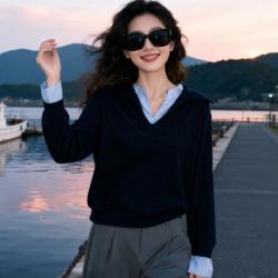 真维斯 复古休闲假两件拼接翻领针织衫女减龄学院弹力舒适百搭显瘦针织衫