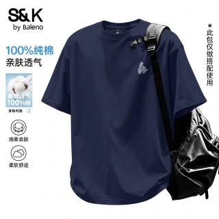 班尼路 S&K重磅纯棉男士t恤夏季藏青色正肩亲肤短袖男款休闲半袖A