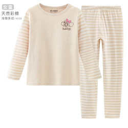 多妙屋 儿童保暖内衣套装 浅咖条纹