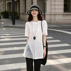 白鹿语 26夏季竖条镂空编织肌理微弹针织短袖