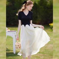 白鹿语 【短袖V领名媛风】夏款时尚微弹拼接撞色长款女式连衣裙子