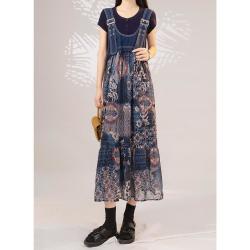 白鹿语 夏季休闲无弹牛仔拼接碎花大裙摆女式连衣裙