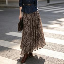 白鹿语 春秋垂坠轻盈好搭高腰褶皱长款女裙