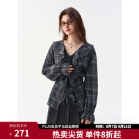 独束 微荷叶边V领格纹衬衫 藏青格 XL