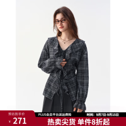 独束 微荷叶边V领格纹衬衫 藏青格 XL