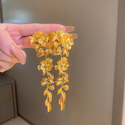 铜合金耳饰 金色花朵流苏耳环女秋冬高级感夸张显脸瘦耳钉耳饰潮