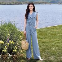 Five Plus 清爽无袖女装连体裤显高显瘦腰部松紧日常百搭阔腿连体长裤夏季