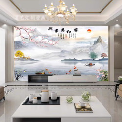 电视背景墙壁纸新中式山水画客厅8d家和万事兴影视墙布大气壁画5d