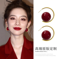 铜合金耳饰 法式时尚红色大珠耳环气质港风夸张耳饰百搭银针耳钉