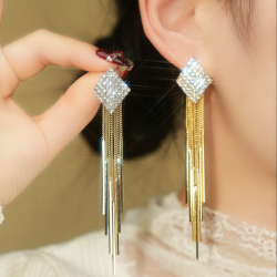 铜合金耳饰 金色菱形2026流苏长款耳环百搭轻奢气质时尚耳饰1644