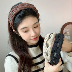 尚倪秋冬新款发箍灯芯绒镶钻编织高颅顶发卡带齿防滑新款压发头箍