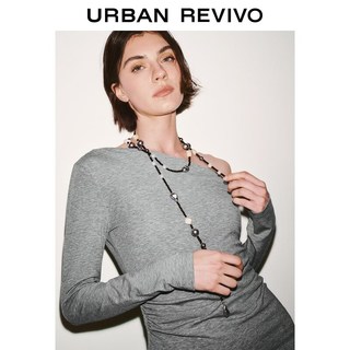 URBAN REVIVO UWM460020 斜肩领褶皱修身女士T恤