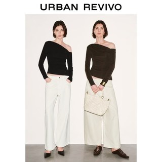 URBAN REVIVO UWM460020 斜肩领褶皱修身女士T恤