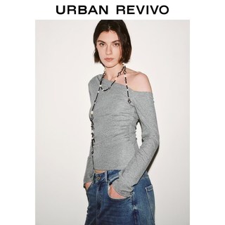 URBAN REVIVO UWM460020 斜肩领褶皱修身女士T恤