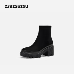 莎莎苏 24冬粗跟时装靴法式短靴瘦瘦靴加绒弹力靴